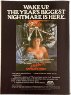Vintage movie poster for 'A Nightmare on Elm Street' with text and image of a woman and creature.