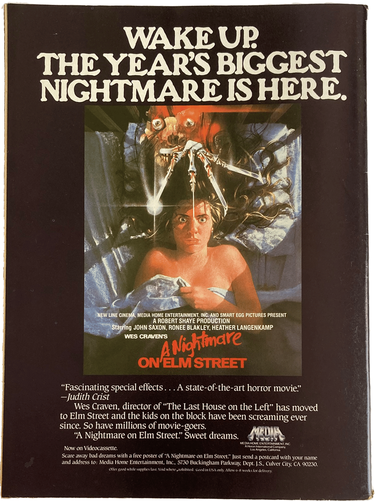 Vintage movie poster for 'A Nightmare on Elm Street' with text and image of a woman and creature.