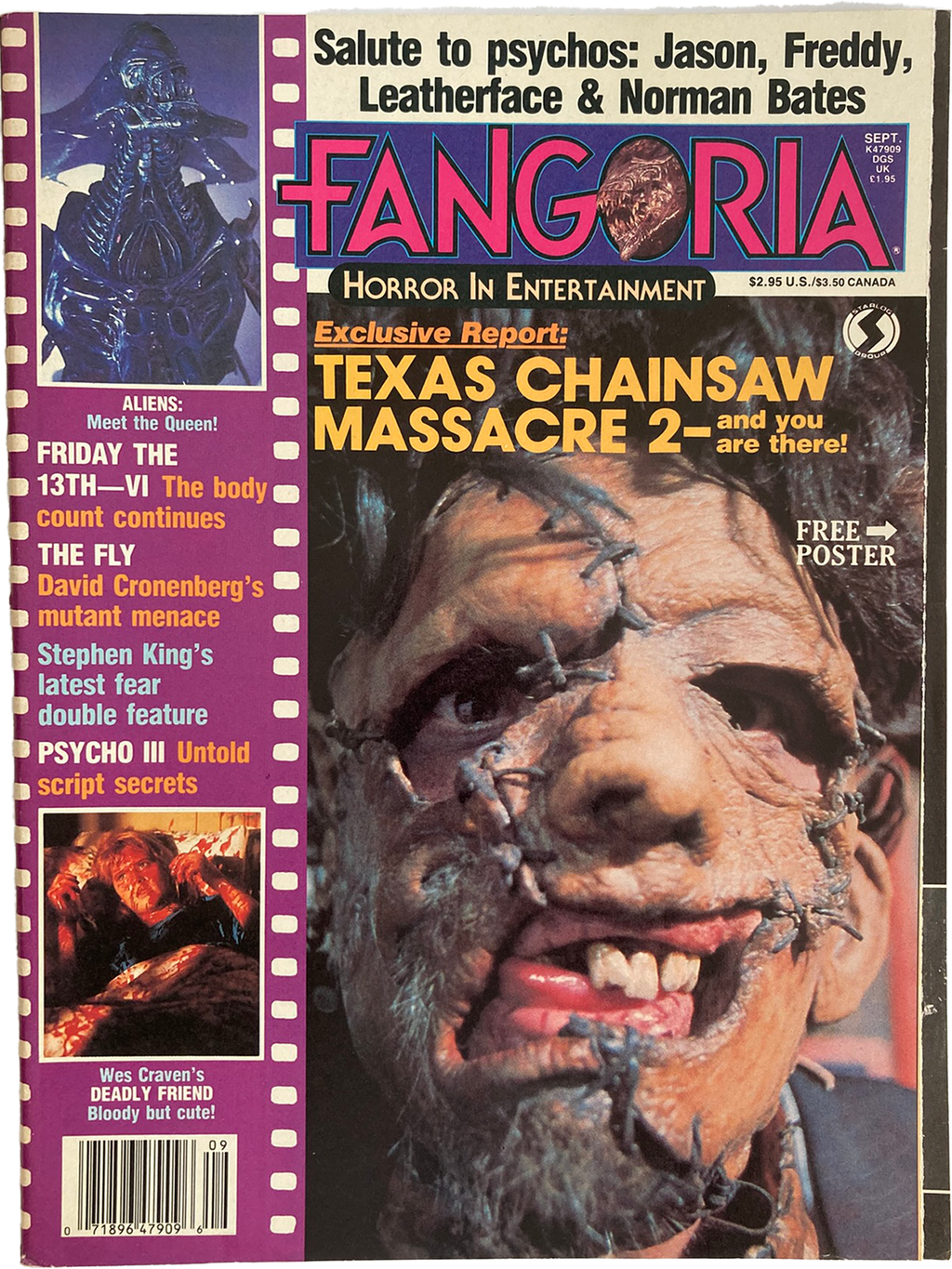 Magazine cover of Fangoria featuring horror movie references and a close-up of a masked figure.