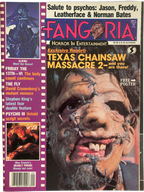 Magazine cover of Fangoria featuring horror movie references and a close-up of a masked figure.