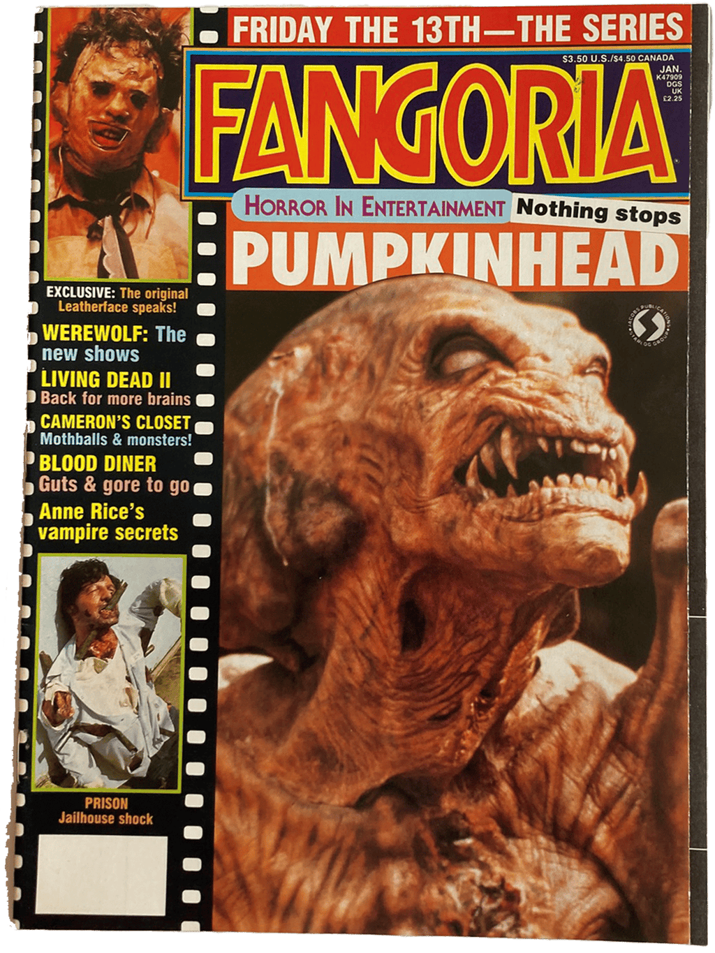 Fangoria magazine cover featuring a creature with a wide mouth and text about horror entertainment.