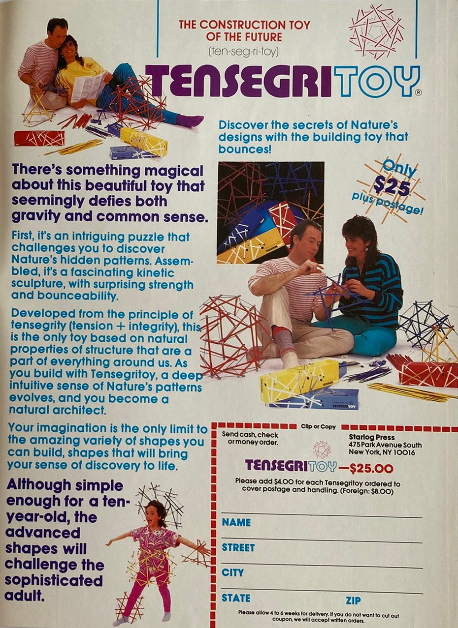 Advertisement for Tensegrity toy with text and images of people playing with it.