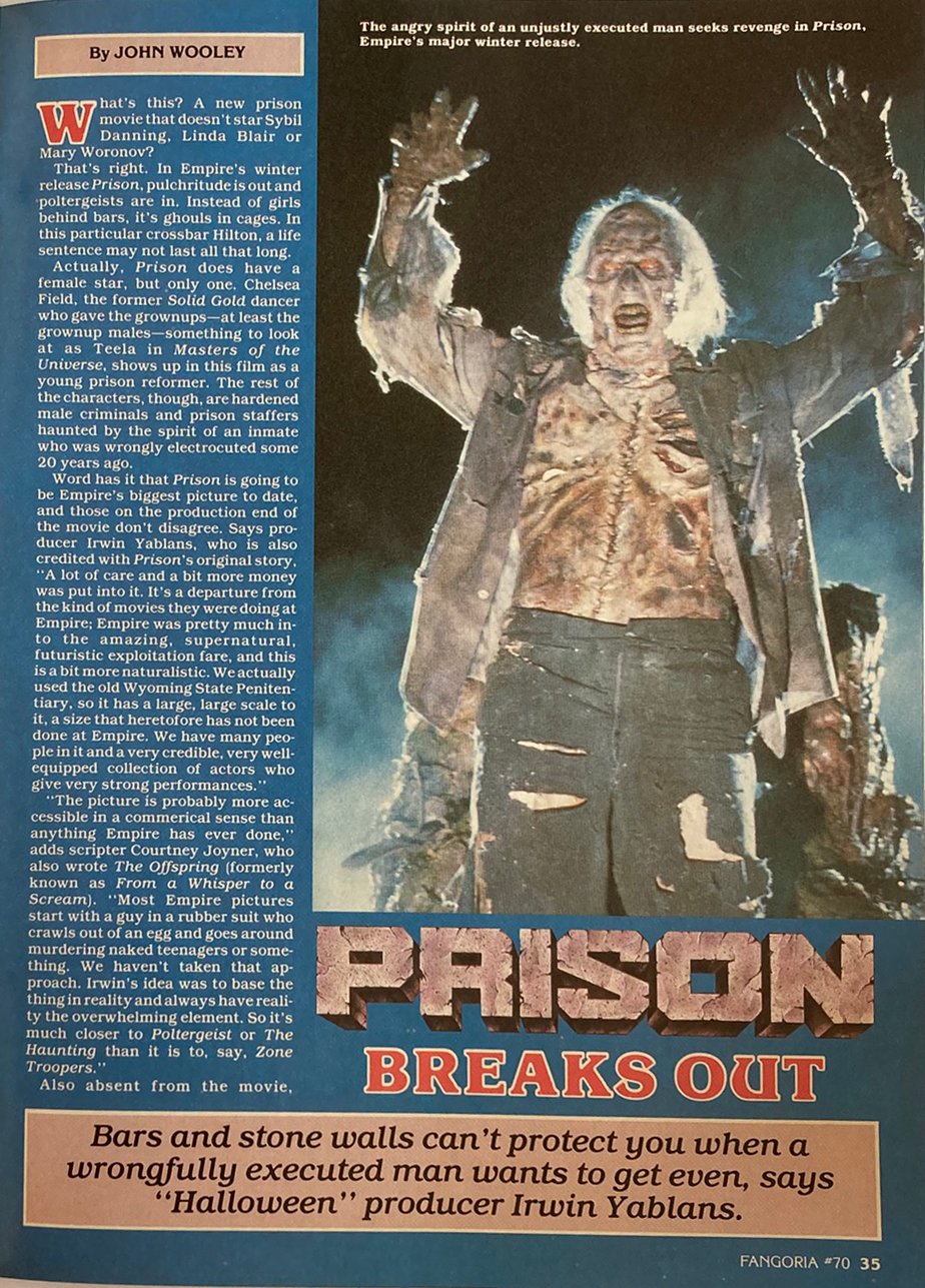 Vintage magazine page with a ghostly figure and text about 'Prison Breaks Out' from 'Halloween'.
