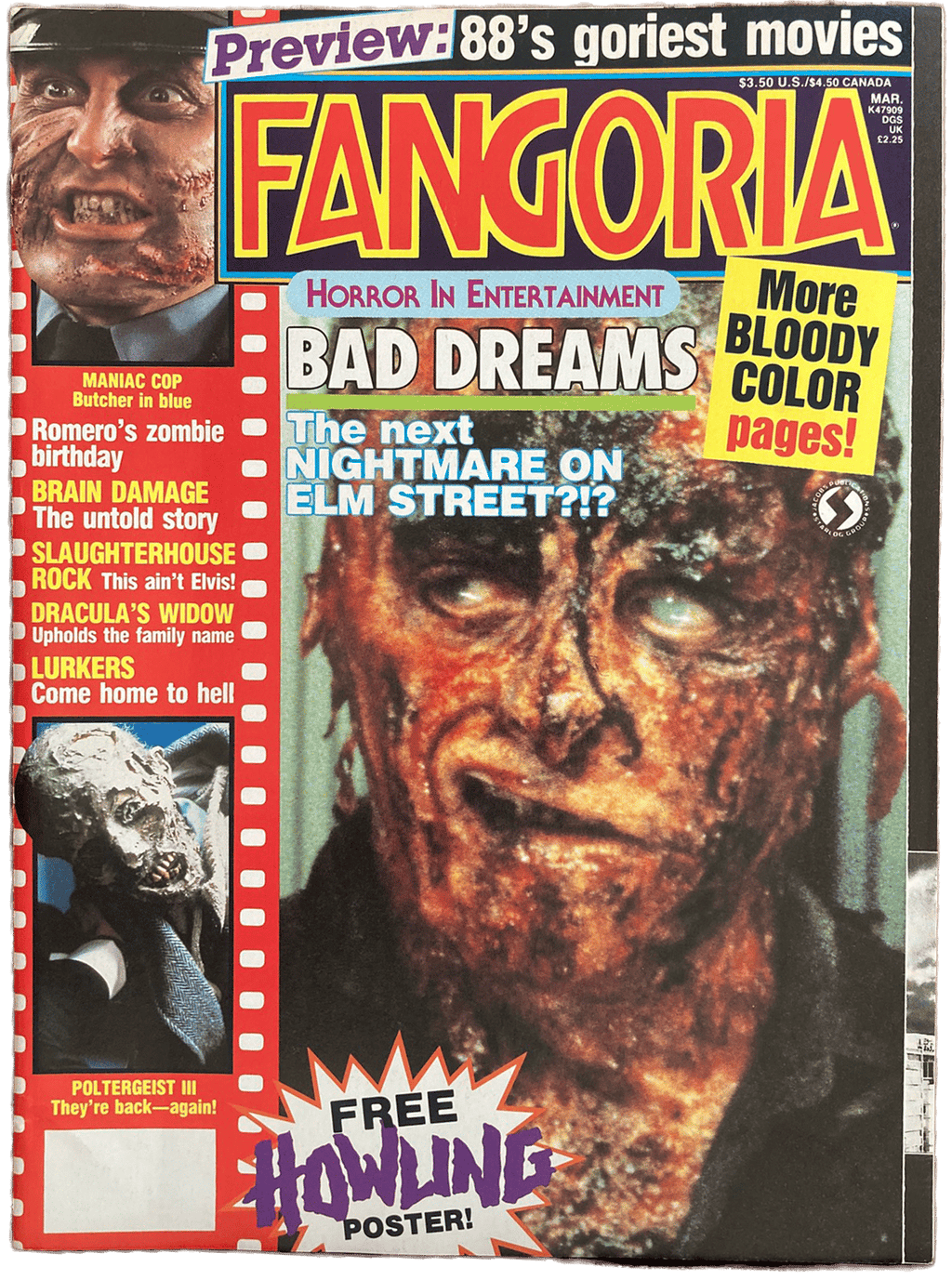 Magazine cover of Fangoria #72 featuring horror movie Bad Dreams and promotional text.