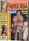 Magazine cover of 'Fangoria' featuring horror-themed images and text.