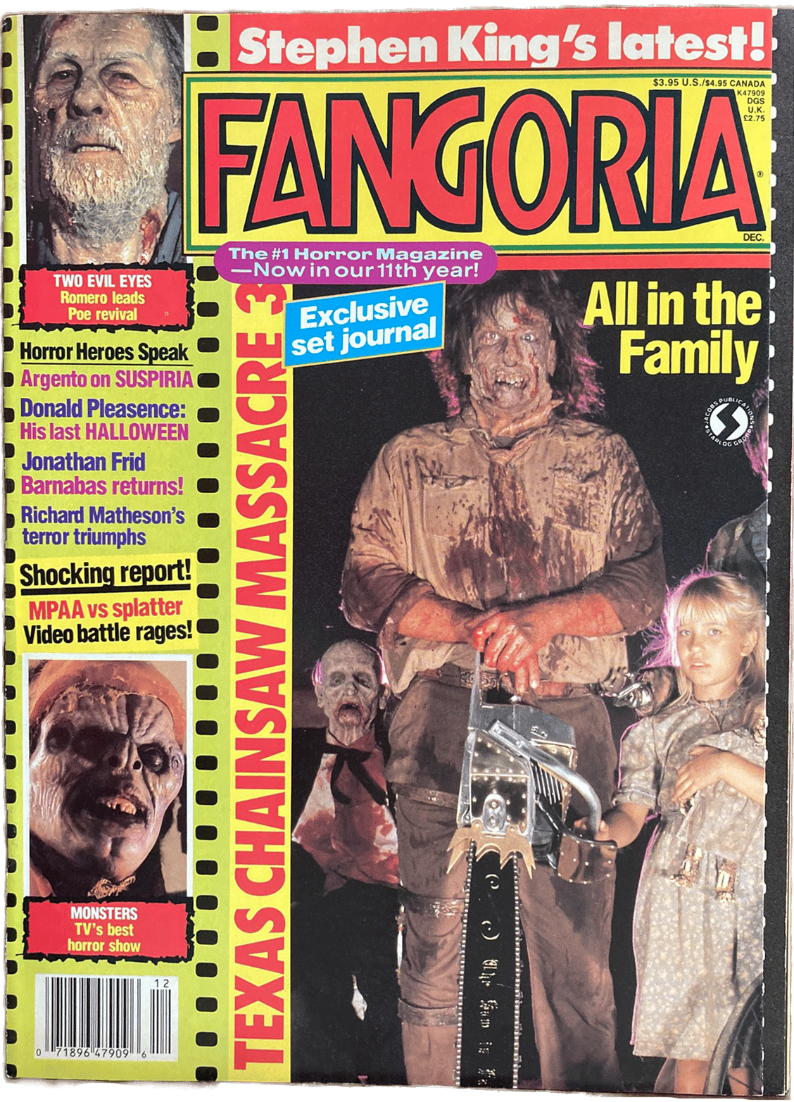 Magazine cover of 'Fangoria' featuring horror-themed images and text.