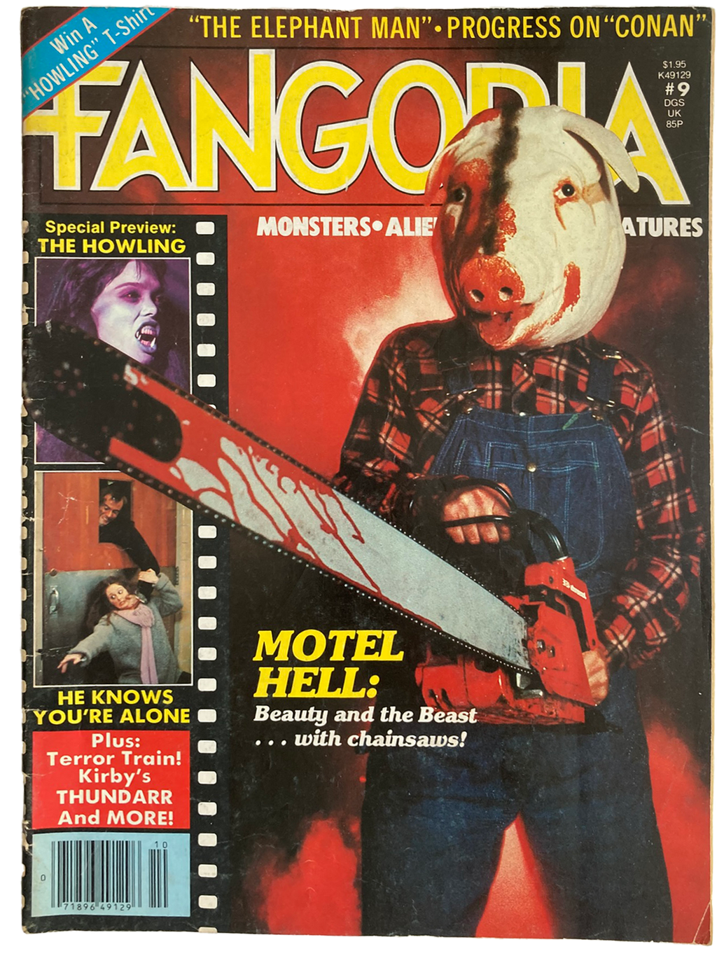 Magazine cover of 'Fangoria' featuring a person with a pig mask holding a chainsaw.