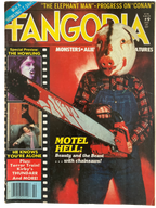 Magazine cover of 'Fangoria' featuring a person with a pig mask holding a chainsaw.