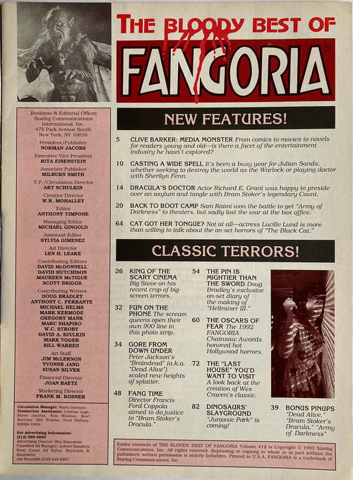 Back cover of Bloody Best of Fangoria #12 featuring horror film highlights, editor credits, and new exclusive features.