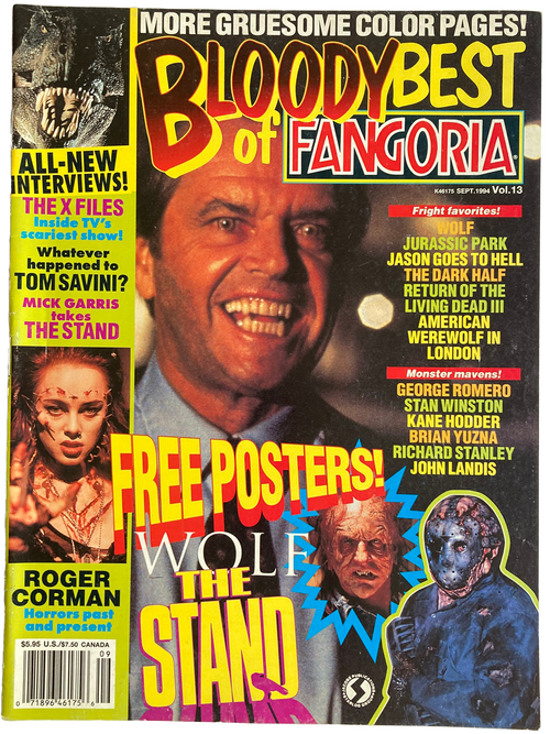Bloody Best of Fangoria Vol 13 magazine cover featuring Jack Nicholson from The Shining and horror movie headlines and free posters