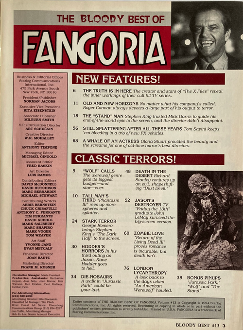 Bloody Best of Fangoria #13 magazine page listing new horror features and classic terror film highlights with vintage style.