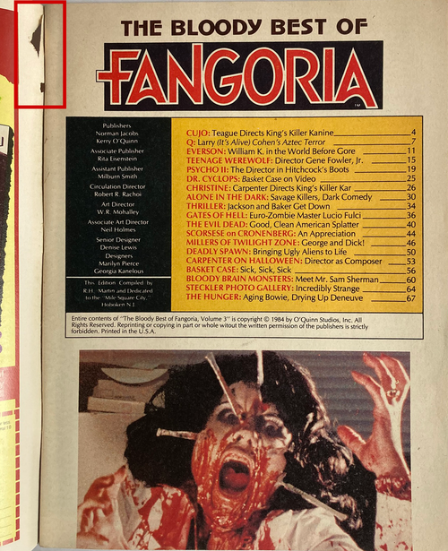 Vintage magazine page listing horror film articles with bloody imagery and featuring Bloody Best of Fangoria #3 text.