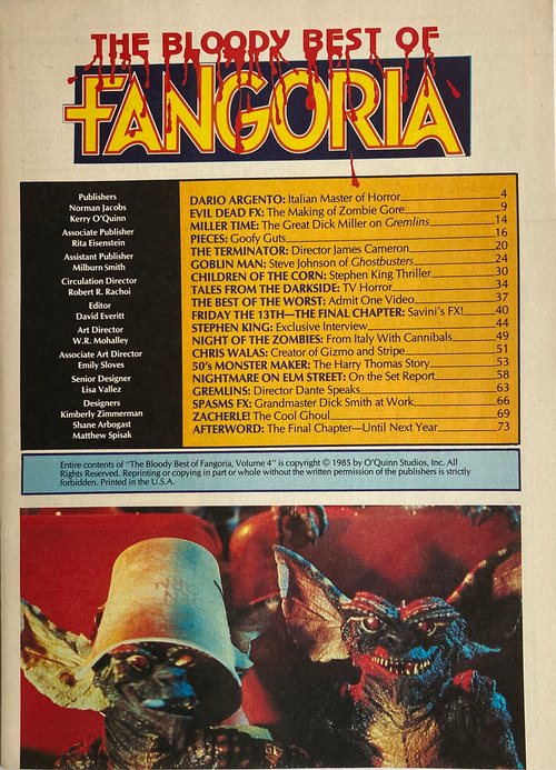 Vintage horror magazine table of contents with monster images for Bloody Best of Fangoria #4 edition cover.