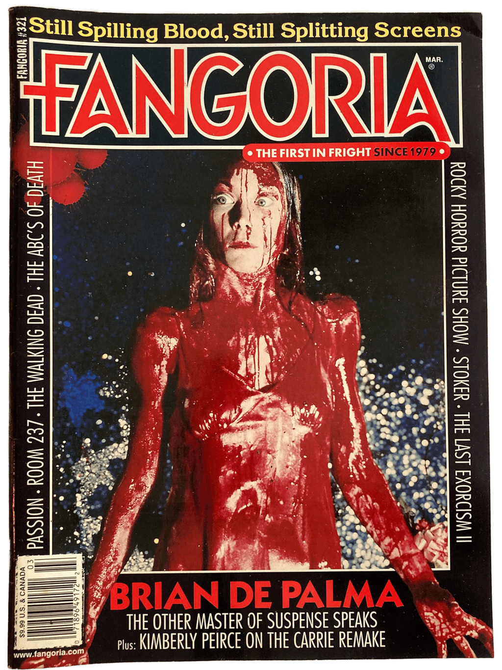 Magazine cover of Fangoria featuring a bloody woman with text about Brian de Palma and Kimberly Pierce.