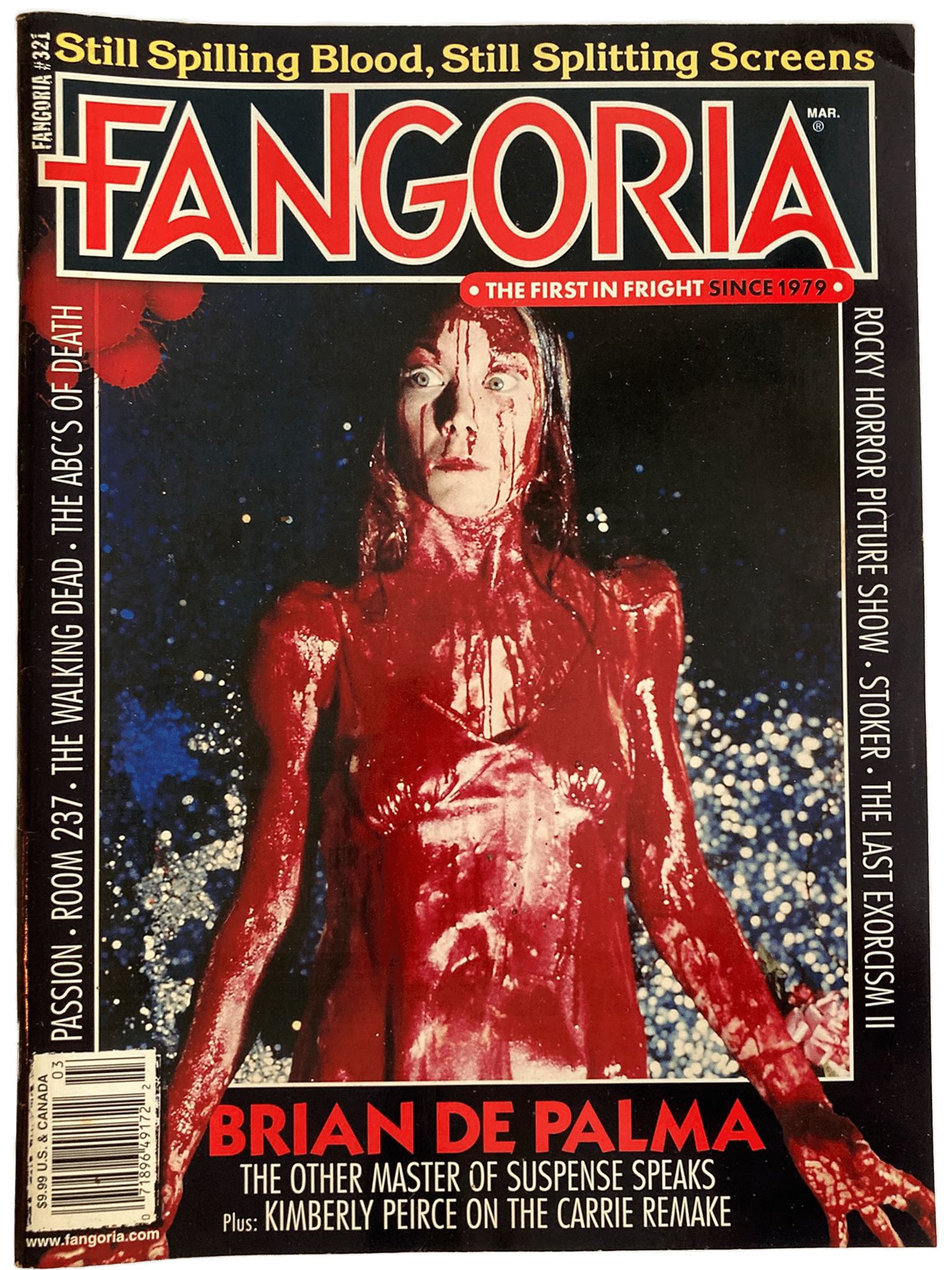 Magazine cover of Fangoria featuring a bloody woman with text about Brian de Palma and Kimberly Pierce.
