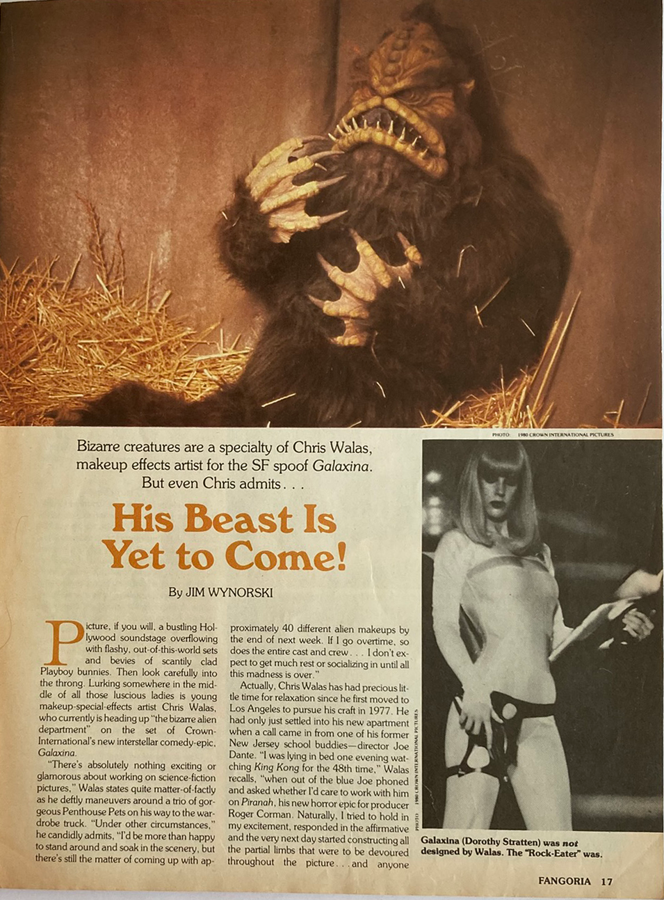 Vintage advertisement featuring a creature and a woman in a costume, with text about a 'beast yet to come'.