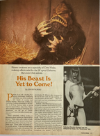 Vintage advertisement featuring a creature and a woman in a costume, with text about a 'beast yet to come'.