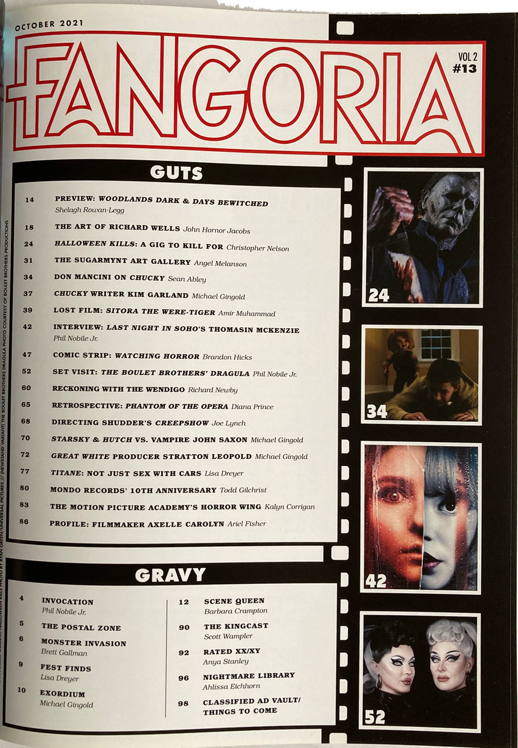 Fangoria Vol. 2 #13 magazine index page with horror film articles, interviews, and striking images of classic characters and scenes