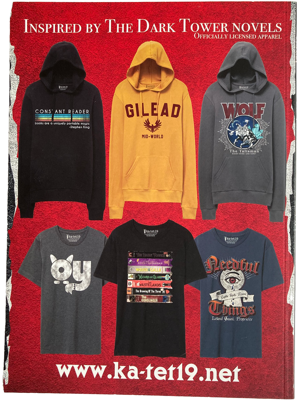 Collection of hoodies and t-shirts inspired by The Dark Tower novels on a red background.