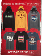 Collection of hoodies and t-shirts inspired by The Dark Tower novels on a red background.