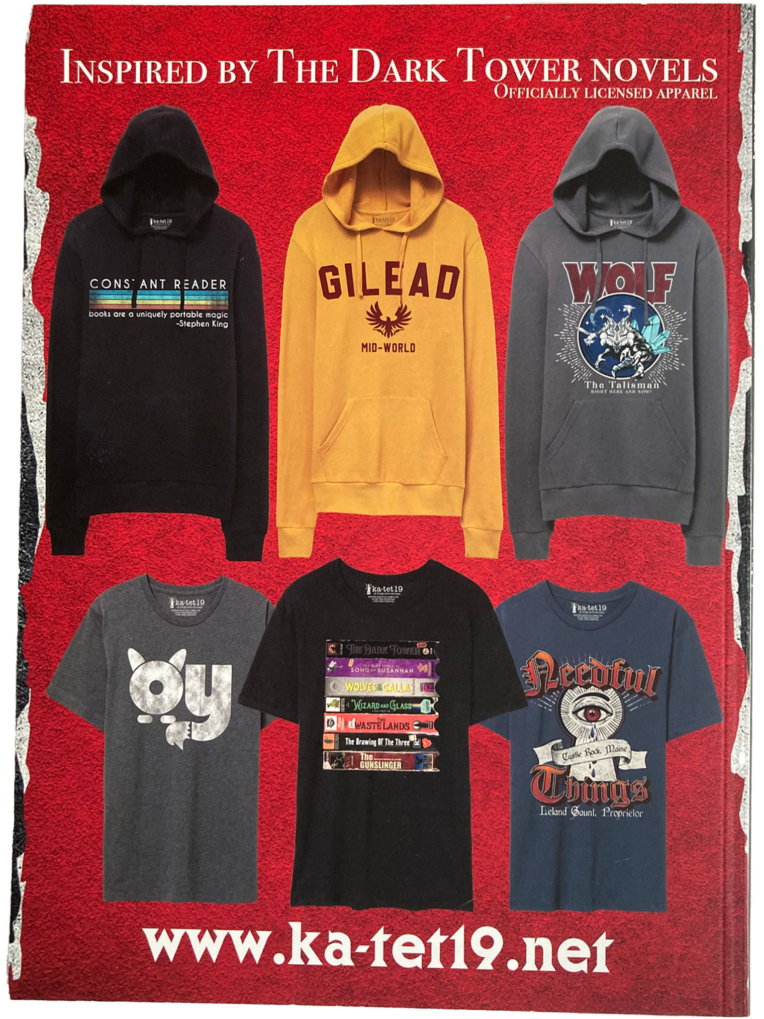 Collection of hoodies and t-shirts inspired by The Dark Tower novels on a red background.