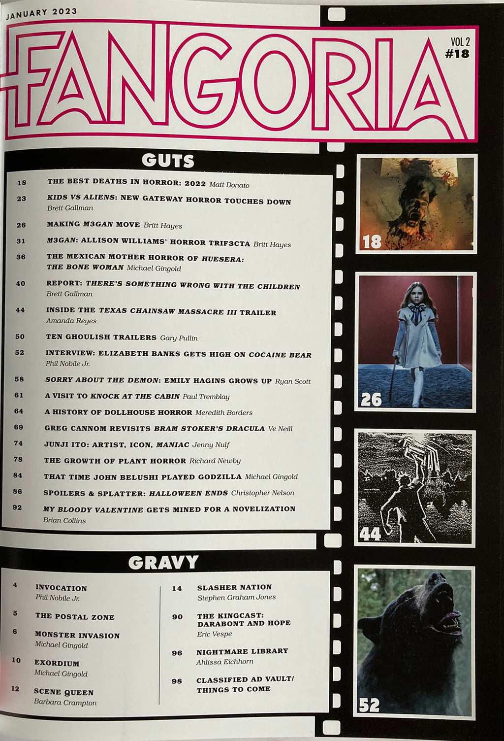 Fangoria Vol. 2 #18 Limited Edition Subscriber Cover table of contents with horror film stills and feature listings in a filmstrip layout
