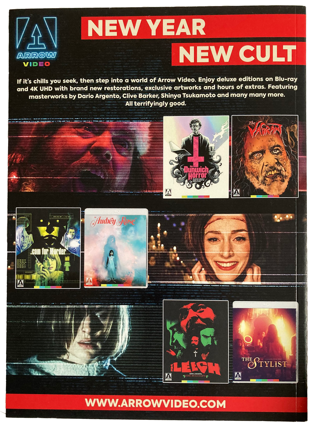 Fangoria Vol. 2 #18 Limited Edition Subscriber Cover featuring Arrow Video horror Blu-ray collection ad with vintage grindhouse style