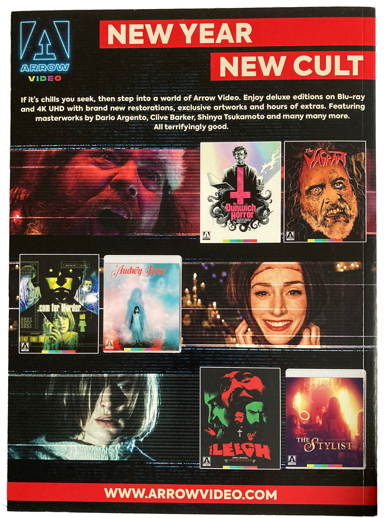 Fangoria Vol. 2 #18 Limited Edition Subscriber Cover featuring Arrow Video horror Blu-ray collection ad with vintage grindhouse style
