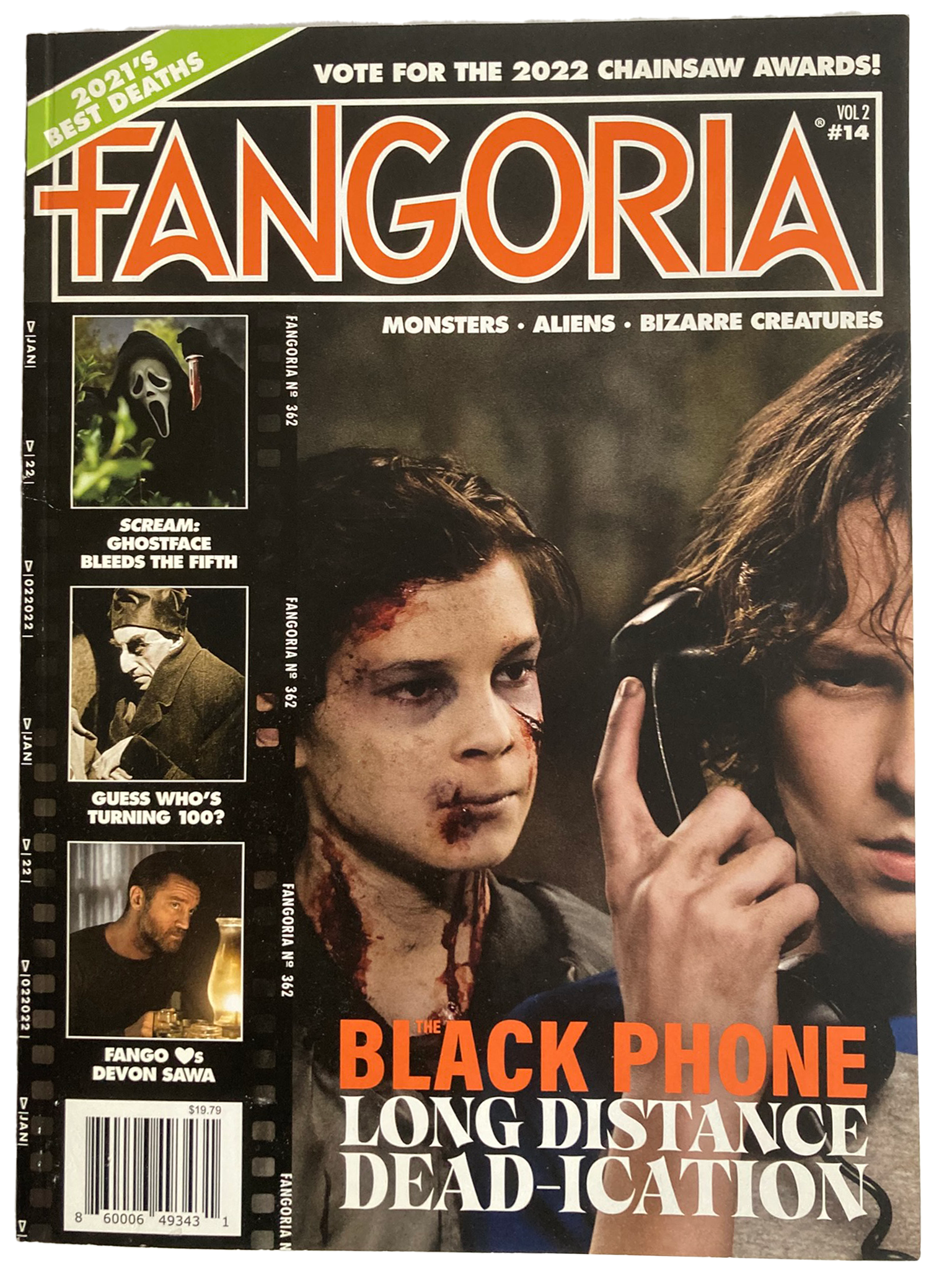 Magazine cover of Fangoria featuring horror-themed images and text.