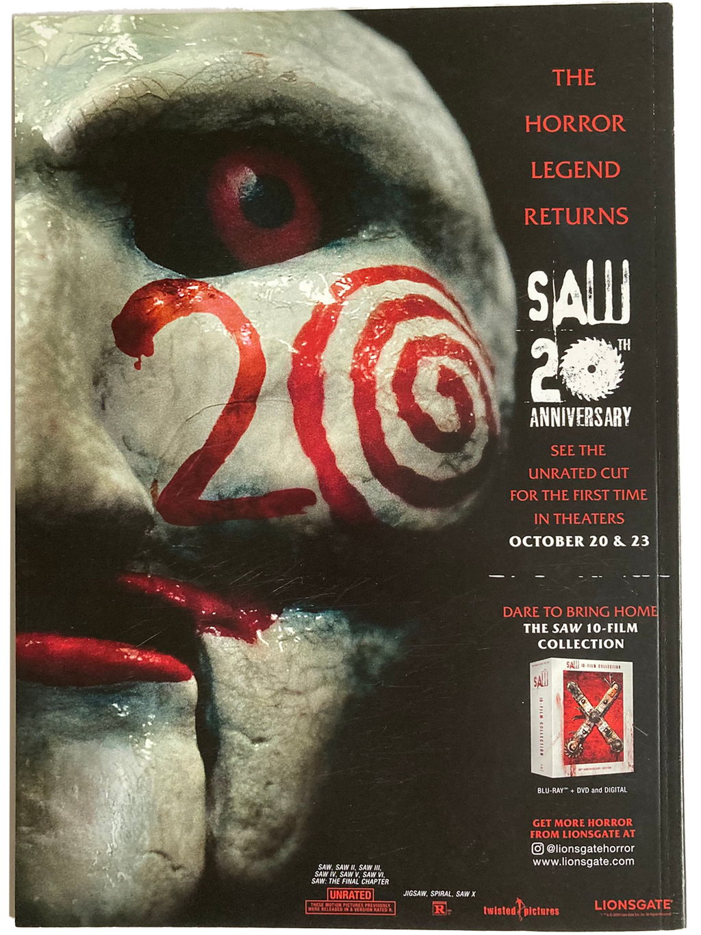 Fangoria Vol. 2 #25 Limited Edition Subscriber Cover showing Saw 20th Anniversary art with eerie puppet face and horror text.