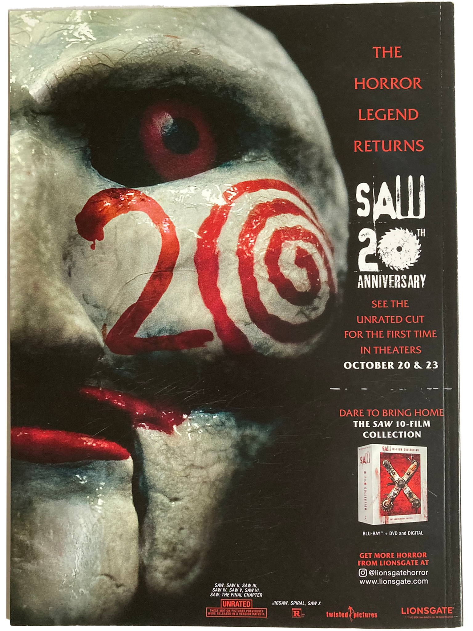Fangoria Vol. 2 #25 Limited Edition Subscriber Cover showing Saw 20th Anniversary art with eerie puppet face and horror text.