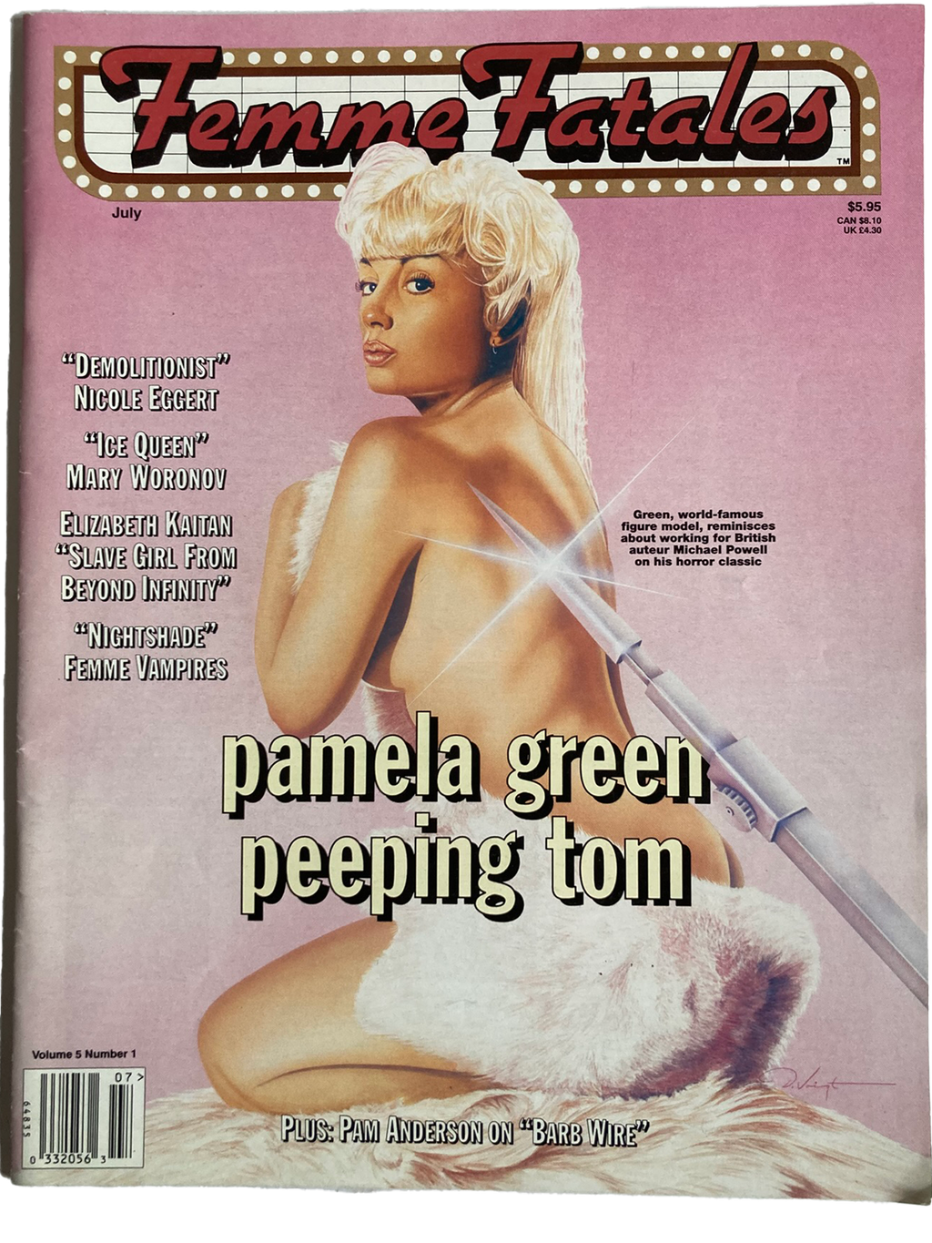 Magazine cover titled 'Femme Fatales' featuring a woman with a weapon on a pink background.