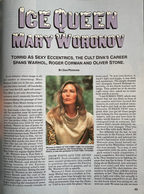 Magazine article about Mary Woronov with text and a photo of her.