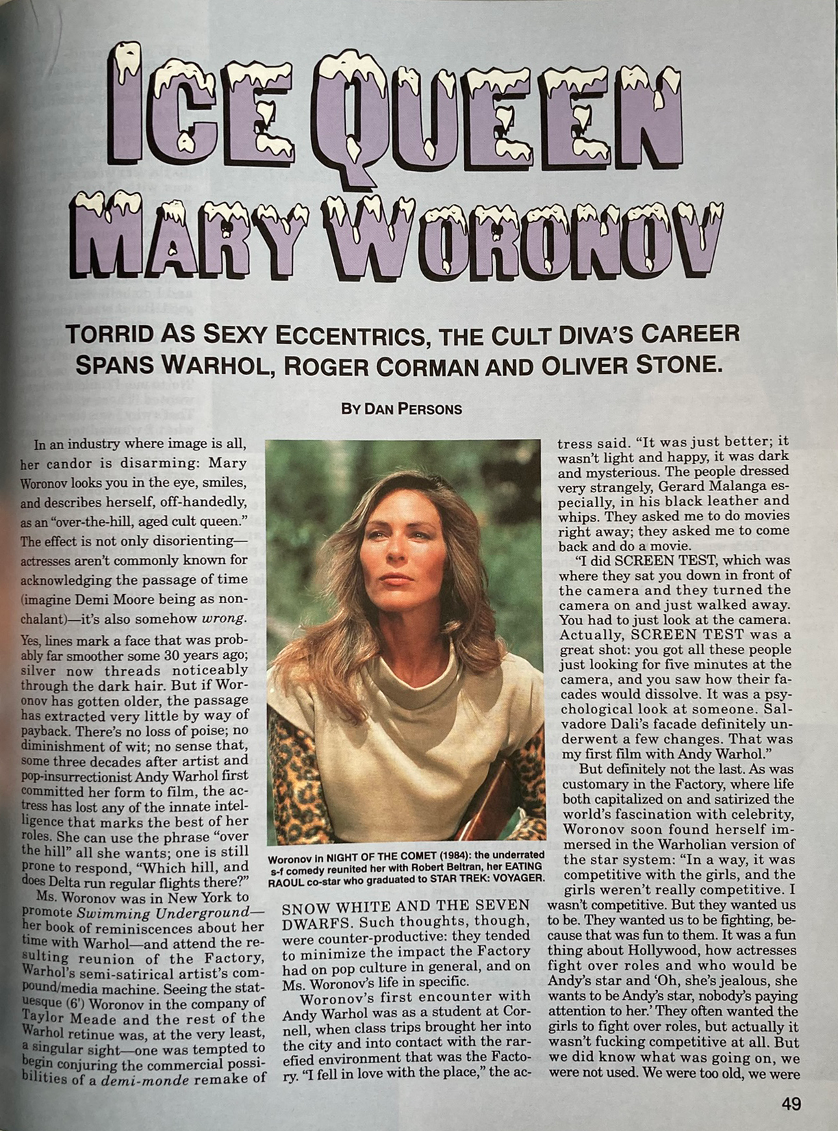 Magazine article about Mary Woronov with text and a photo of her.