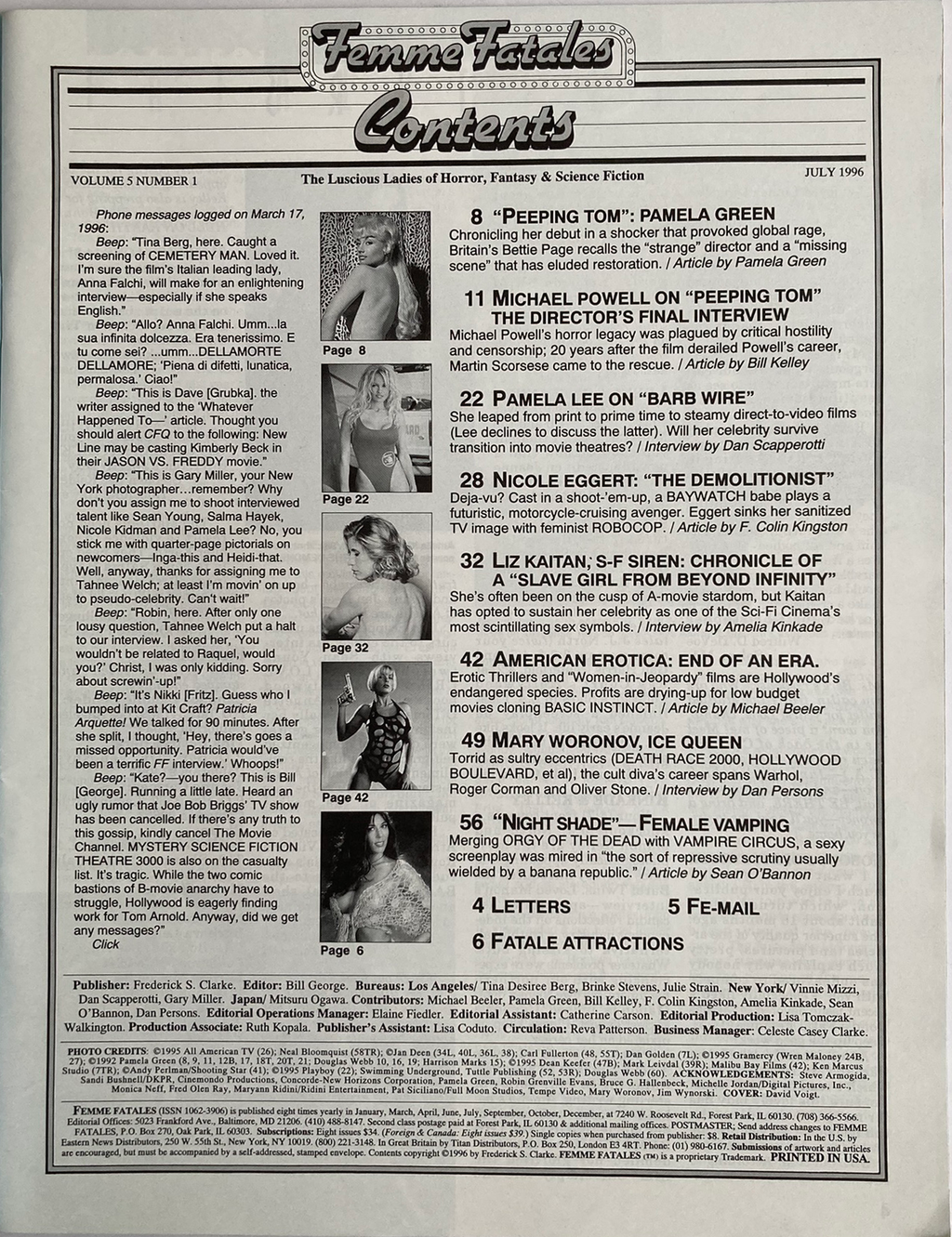 Table of contents page from a magazine or book titled 'Femme Fatales' with text and images.