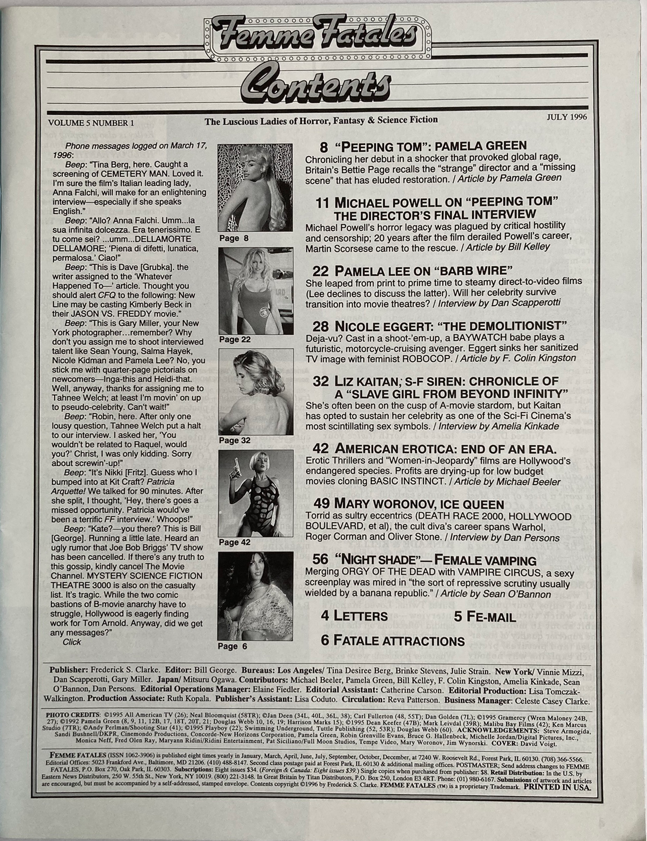 Table of contents page from a magazine or book titled 'Femme Fatales' with text and images.