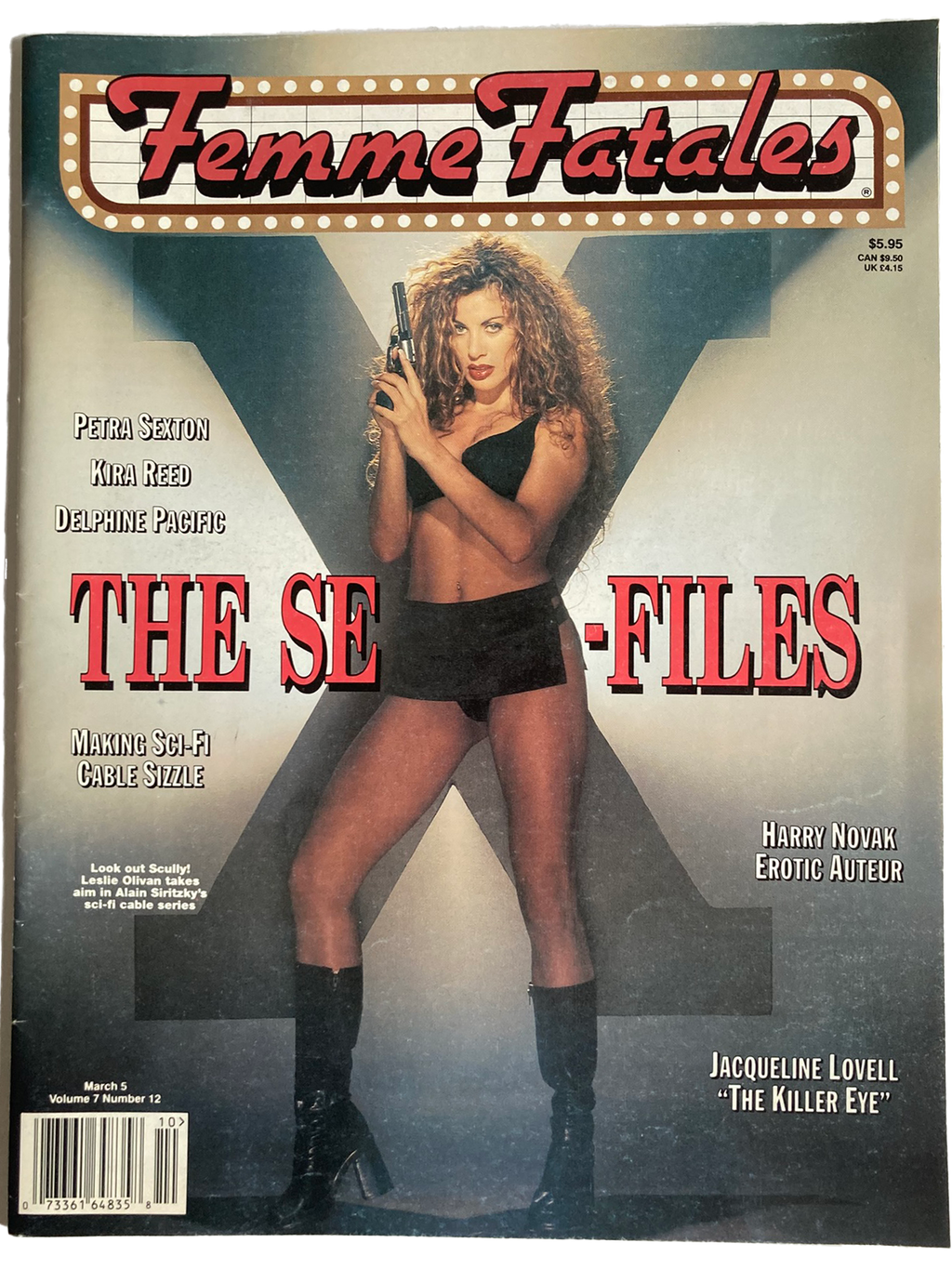 Magazine cover titled 'Femme Fatales' featuring a woman holding a gun.