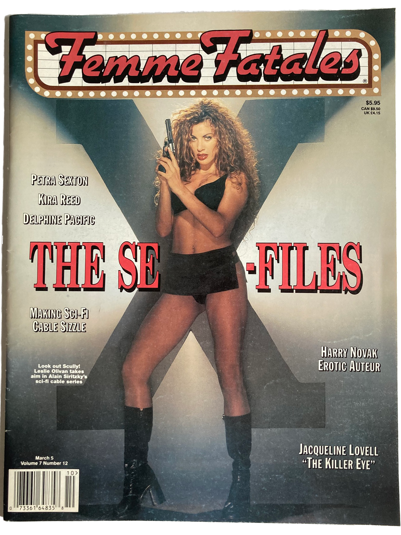 Magazine cover titled 'Femme Fatales' featuring a woman holding a gun.