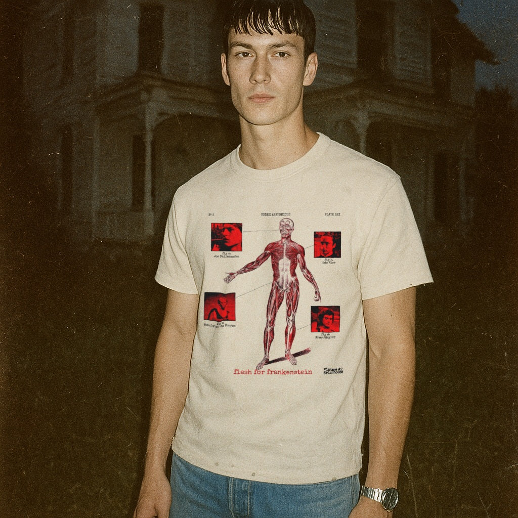 Model wearing Flesh for Frankenstein aka Andy Warhol's Frankenstein cream t-shirt with anatomical illustration and red accents