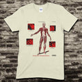 Cream t-shirt with anatomical figure and cast photos from Flesh for Frankenstein aka Andy Warhol's Frankenstein design