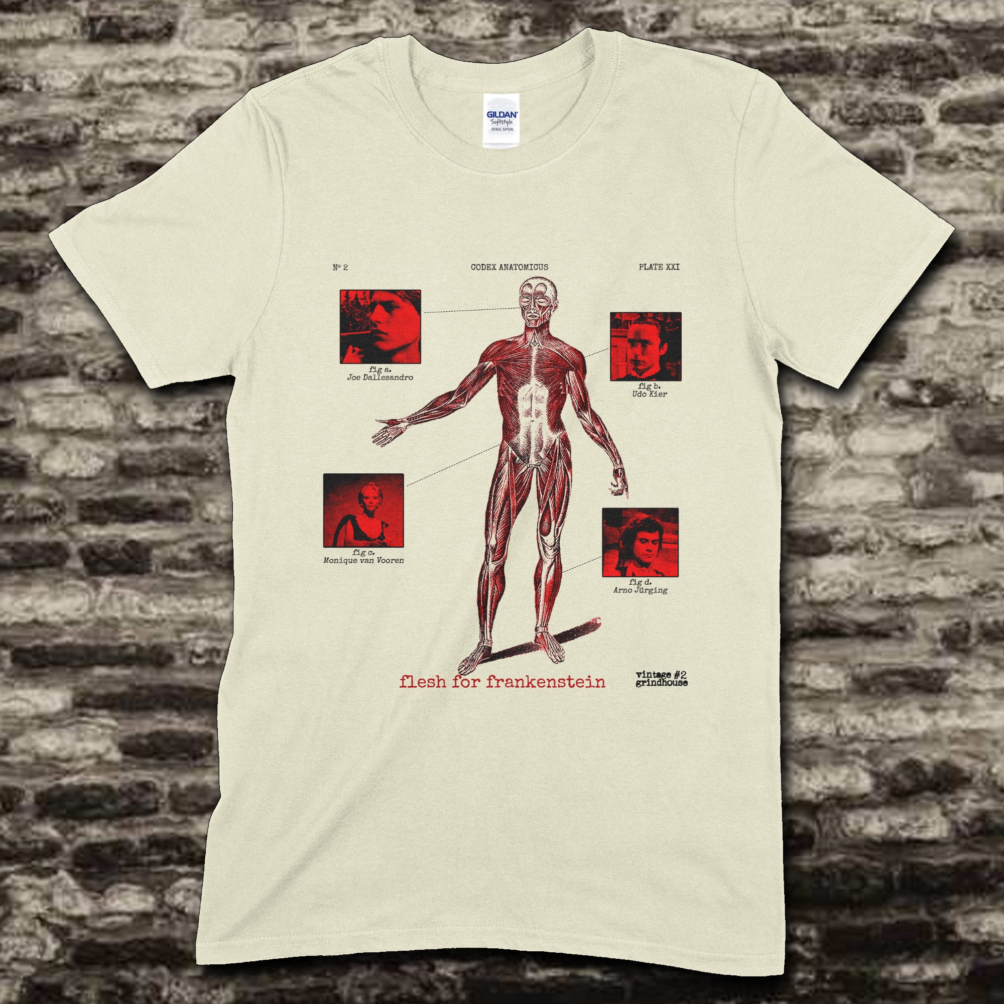 Cream t-shirt with anatomical figure and cast photos from Flesh for Frankenstein aka Andy Warhol's Frankenstein design