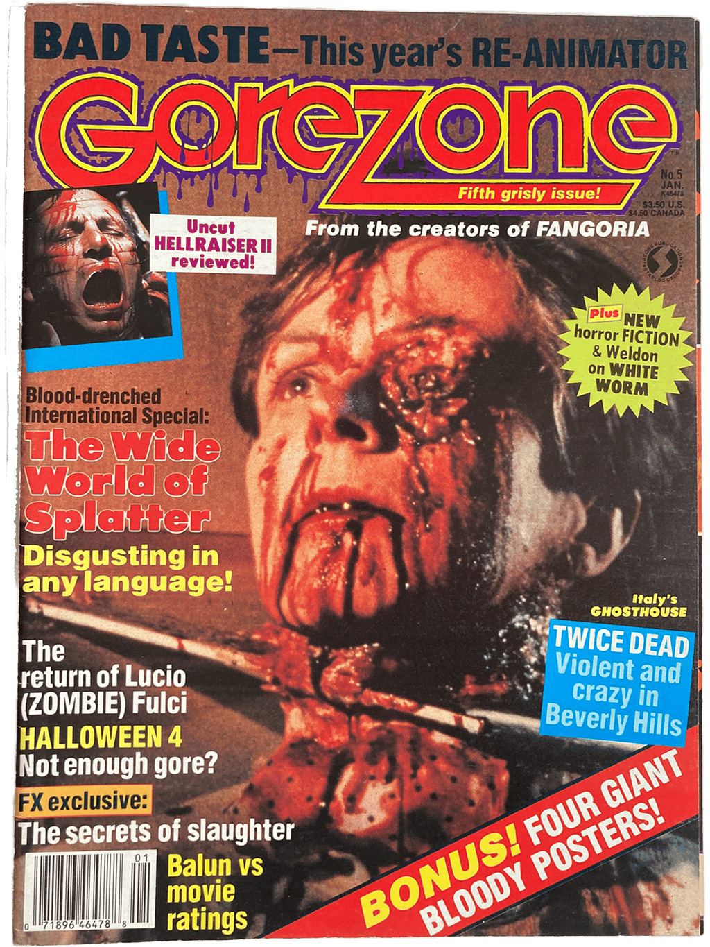Magazine cover of Gorezone with horror-themed graphics and text.