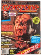 Magazine cover of Gorezone with horror-themed graphics and text.