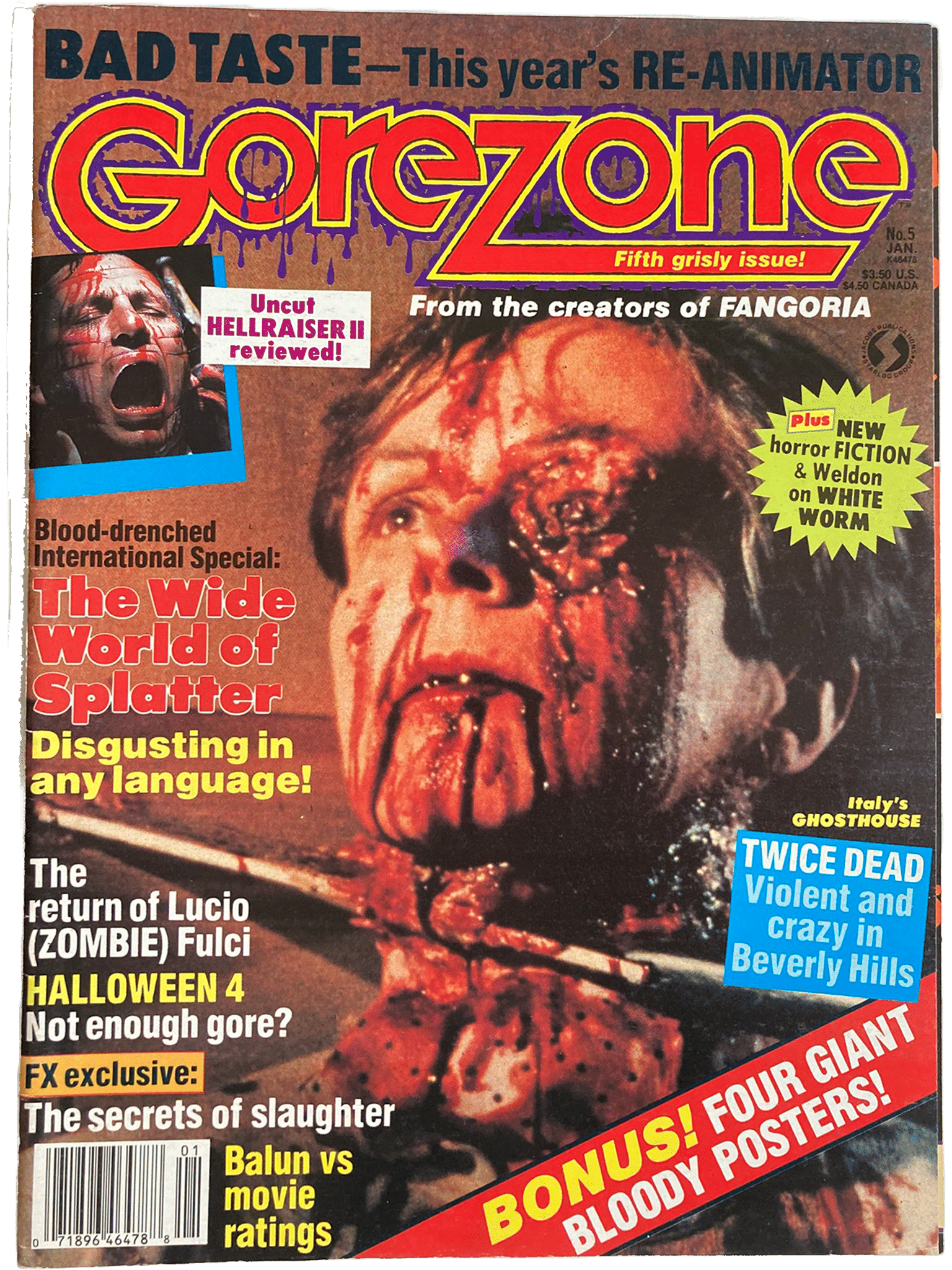 Magazine cover of Gorezone with horror-themed graphics and text.