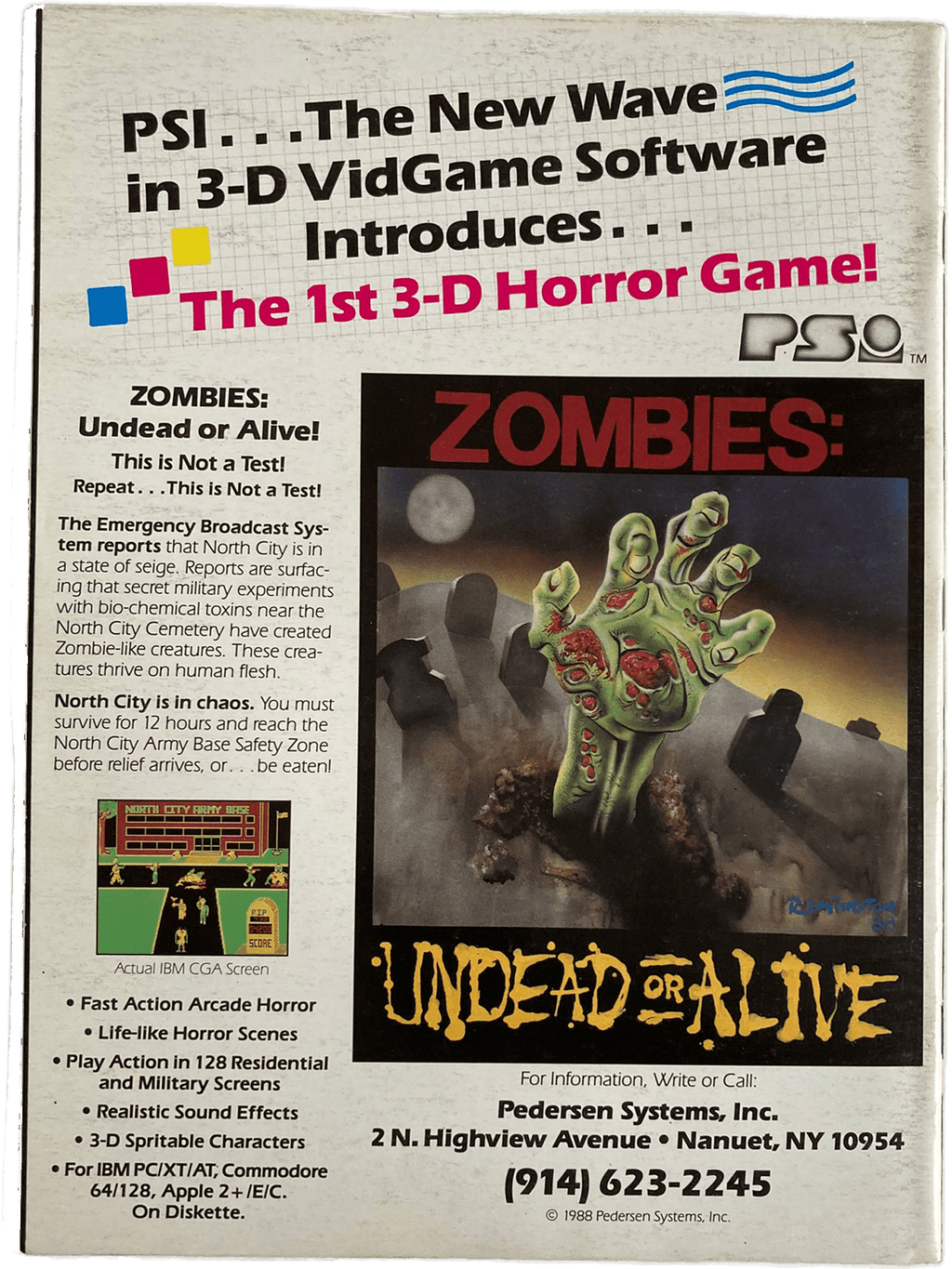 Advertisement for 'Zombies: Undead or Alive!' 3-D horror game software by Pedersen Systems, Inc.