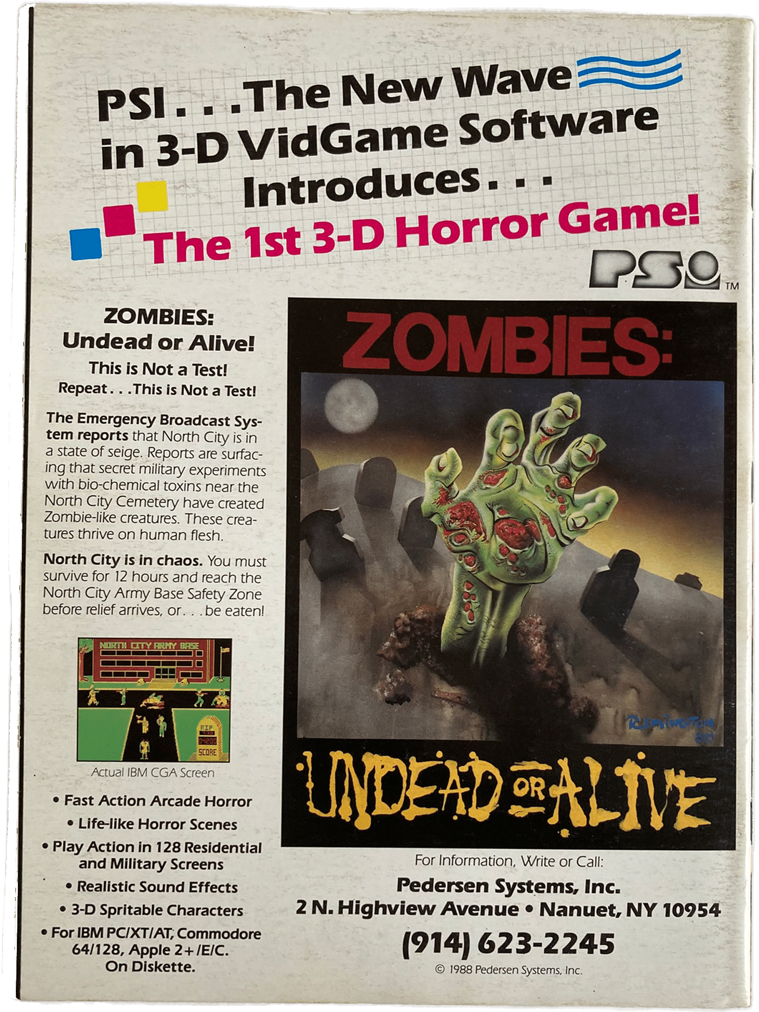 Advertisement for 'Zombies: Undead or Alive!' 3-D horror game software by Pedersen Systems, Inc.