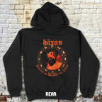 Black Haxan hoodie - front and rear prints! featuring vintage-style red demonic figure and gothic text on back against brick wall background