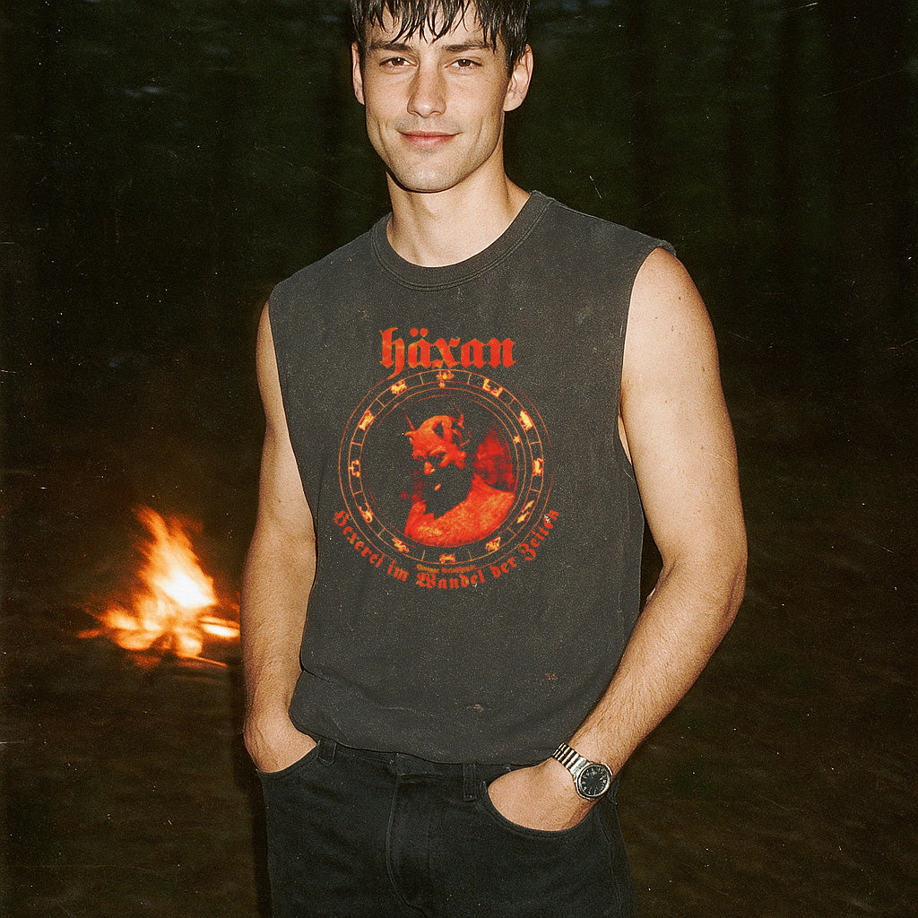 Häxan - Witchcraft Through the Ages muscle tank with vintage red occult graphic worn by model outdoors at night