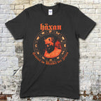 Black t-shirt featuring a red vintage graphic of a horned figure with Häxan text and circular occult symbols on front