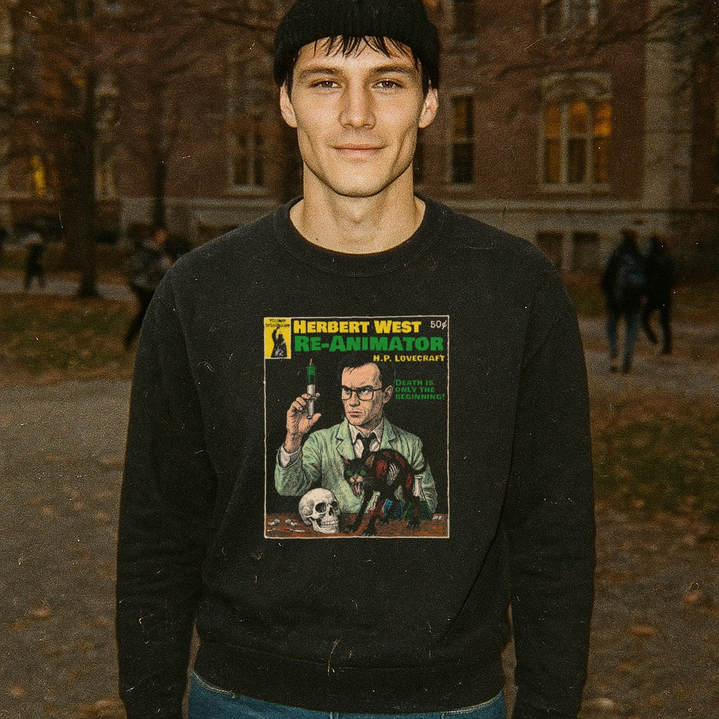 Herbert West, Re-animator - Pulp Edition #2 sweatshirt with comic-style mad scientist and eerie creature graphic on black fabric